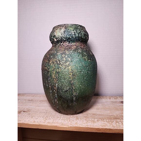 Janka Raku Pottery Vase Vessel Green Rust Orange 7" Handmade Wheel Thrown - Picture 4 of 9